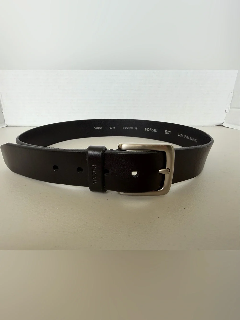 Fossil Genuine Leather Belt Black Silver Buckle Size 32 NWOT
